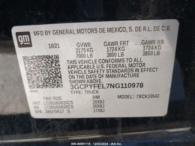 3GCPYFEL7NG110978 Chevrolet Silverado 1500 Ltd 4wd  Short Bed Lt Trail Boss