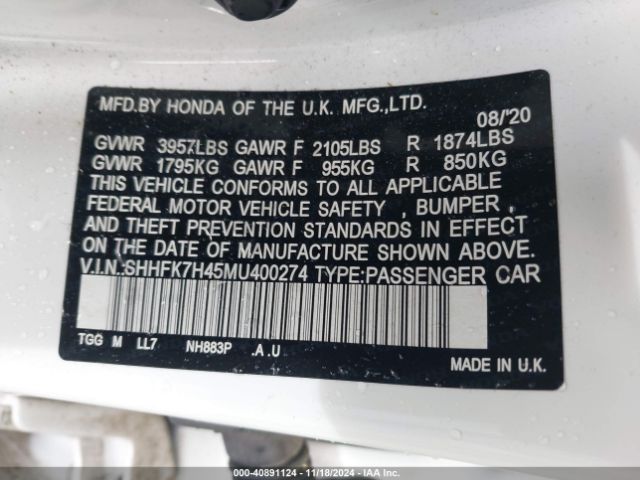 SHHFK7H45MU400274 Honda Civic Sport