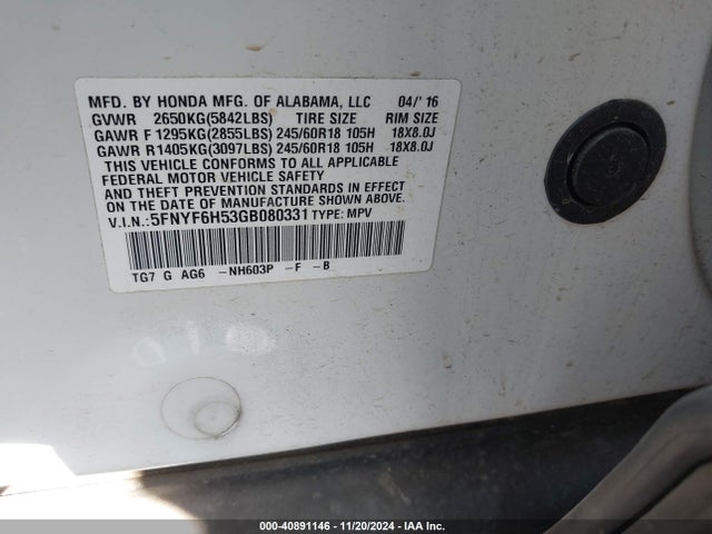 Honda Pilot Ex-l 2016 5FNYF6H53GB080331 Image 9