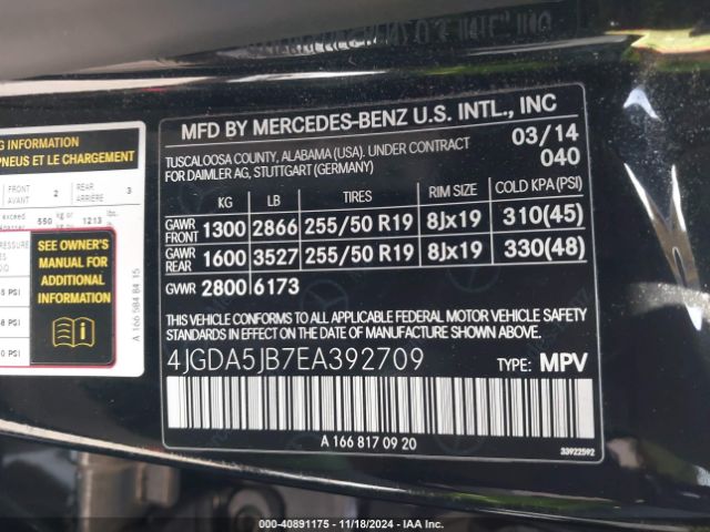 4JGDA5JB7EA392709 Mercedes-Benz ML 350
