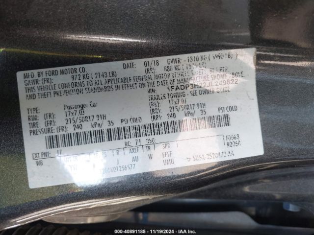 1FADP3H22JL249622 Ford FOCUS SEL