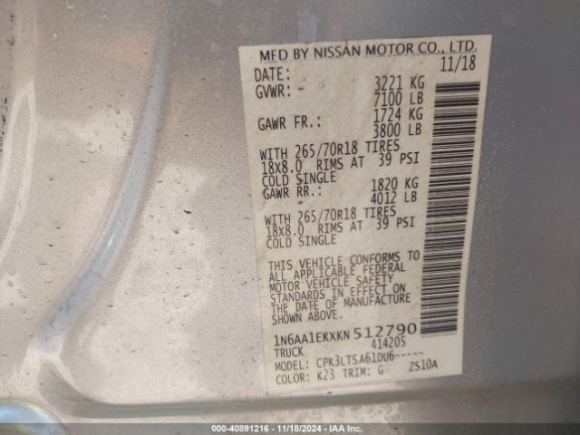 1N6AA1EKXKN512790 Nissan TITAN SV