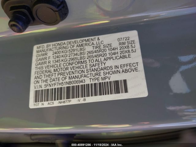 5FNYF7H51NB006943 Honda Passport 2wd Ex-l