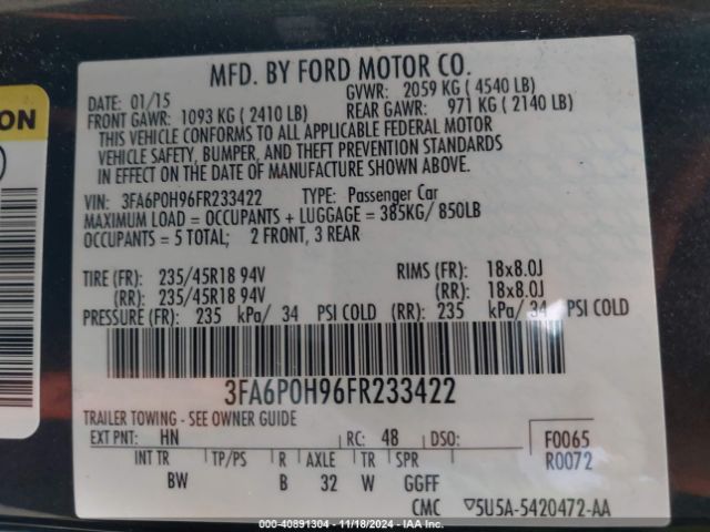 3FA6P0H96FR233422 Ford FUSION SE