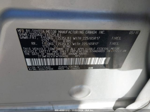 2T3WFREV2FW190406 Toyota Rav4 Xle
