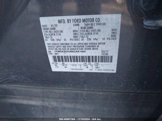 Ford EXPLORER XLT 2022 1FMSK8DH4NGA81466 Image 9