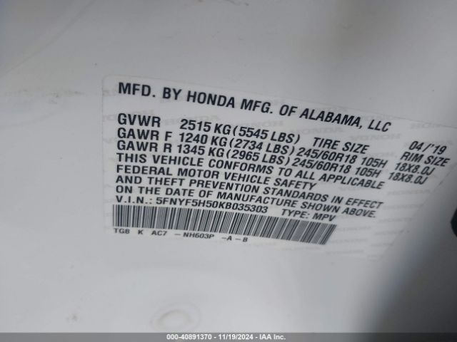 5FNYF5H50KB035303 Honda Pilot Ex-l