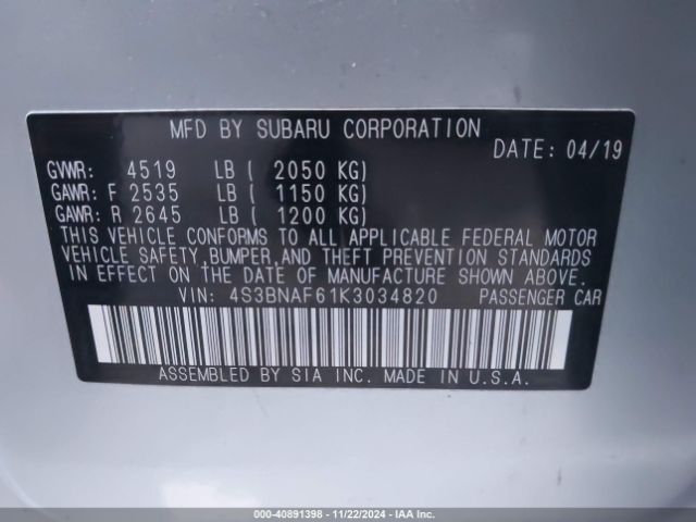 4S3BNAF61K3034820 Subaru Legacy 2.5i Premium