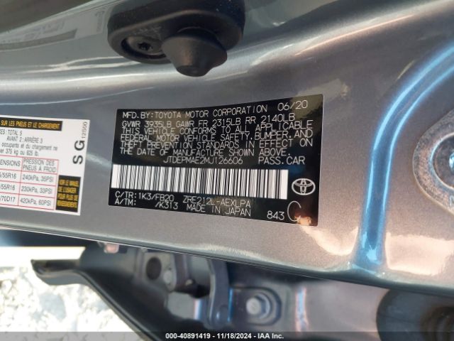 JTDEPMAE2MJ126606 Toyota COROLLA LE
