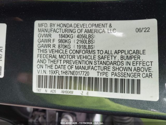 19XFL1H87NE017720 Honda Civic Sport Touring