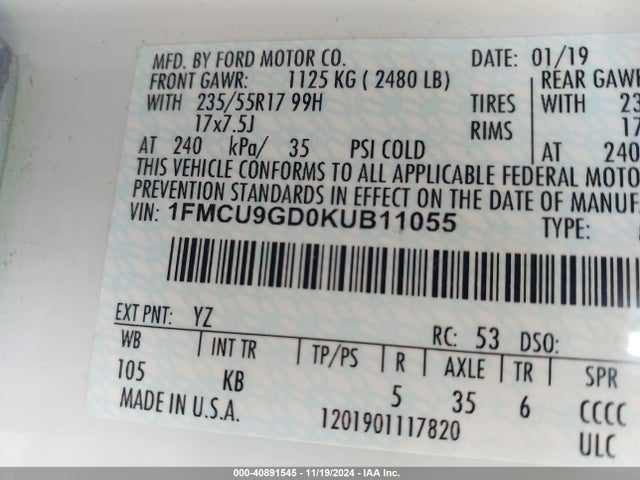 Ford ESCAPE SE 2019 1FMCU9GD0KUB11055 Image 9
