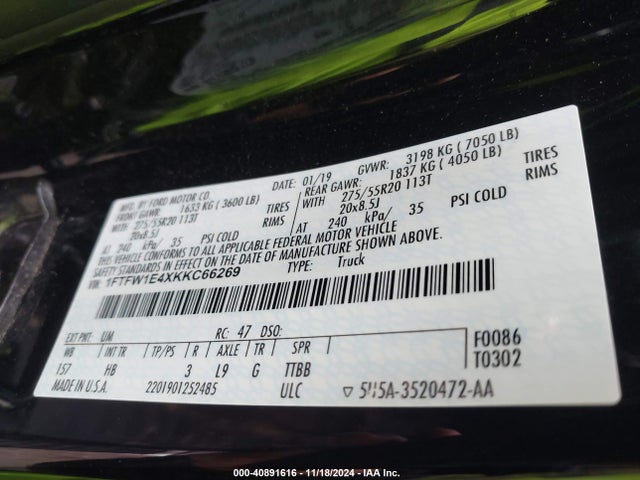 Ford F-150 Lariat 2019 1FTFW1E4XKKC66269 Image 9
