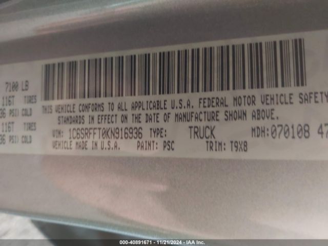 1C6SRFFT0KN916936 RAM 1500 Big Horn/lone Star  4x4 5'7 Box
