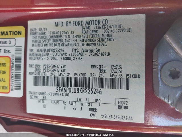 Ford Fusion Hybrid Se 2019 3FA6P0LU8KR225246 Image 9