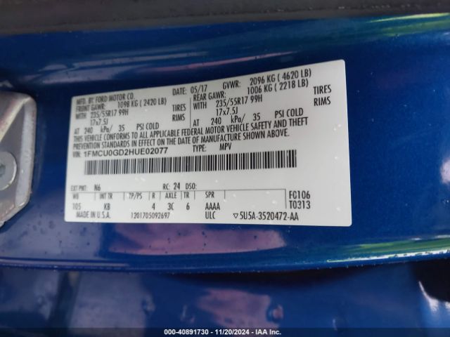 1FMCU0GD2HUE02077 Ford ESCAPE SE