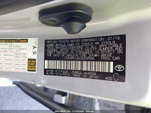 JTDKBRFU6G3002586 Toyota Prius