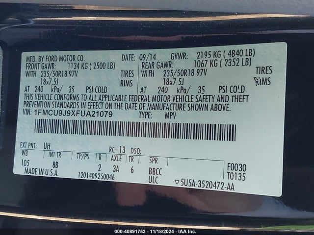 Ford Escape Titanium 2015 1FMCU9J9XFUA21079 Image 9
