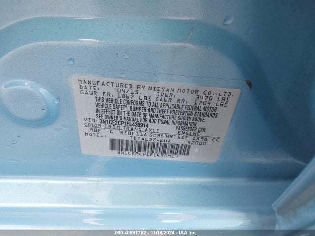 3N1CE2CP1FL430914 Nissan Versa Note Sv