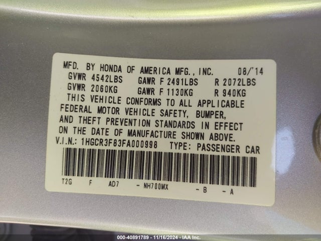 Honda Accord Ex-l V-6 2015 1HGCR3F83FA000998 Image 9
