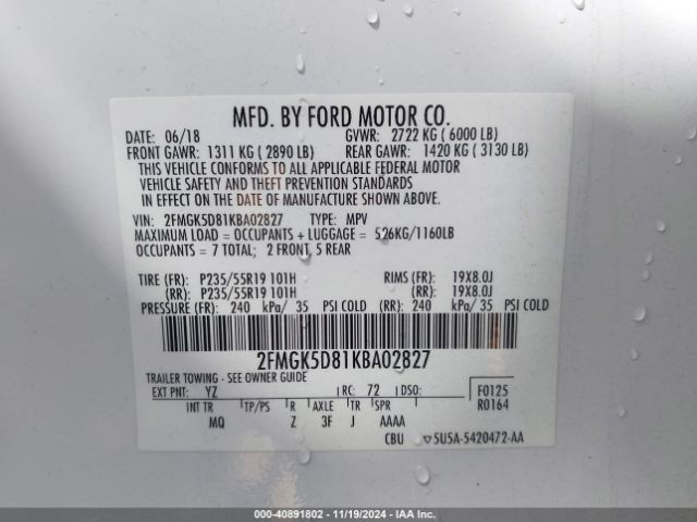 2FMGK5D81KBA02827 Ford Flex Limited