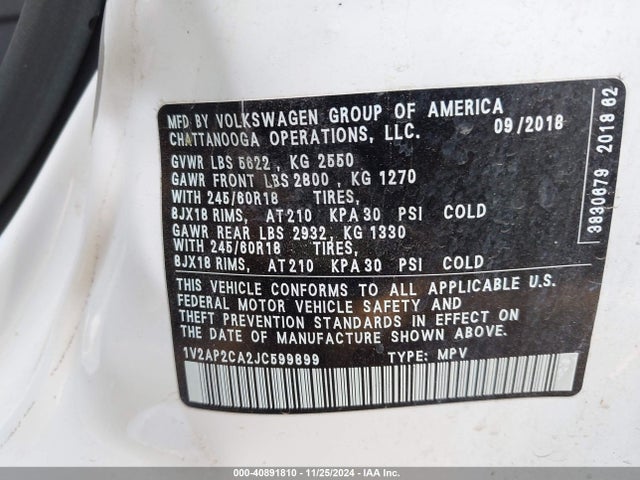 1V2AP2CA2JC599899 Volkswagen Atlas 2.0t S
