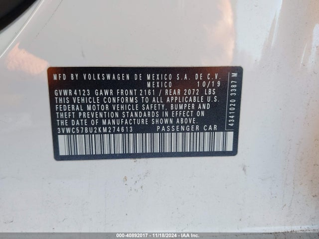 3VWC57BU2KM274613 Volkswagen Jetta 1.4t R-line/1.4t S/1.4t Se