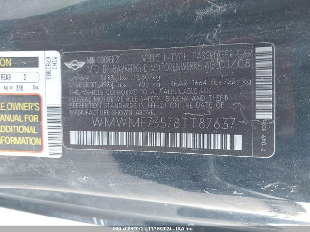 2008 MINI COOPER S WMWMF73578TT87637 Photo 8