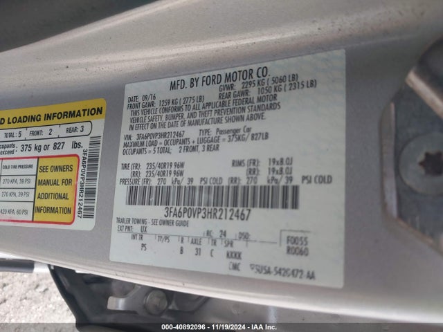 3FA6P0VP3HR212467 Ford Fusion Sport