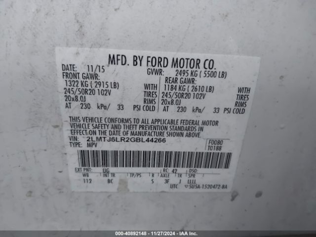 2LMTJ6LR2GBL44266 Lincoln Mkx Reserve