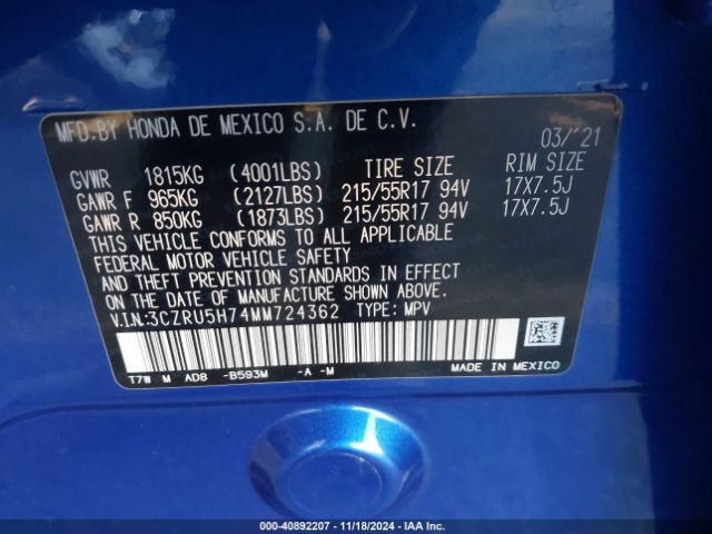 3CZRU5H74MM724362 Honda Hr-v 2wd Ex-l