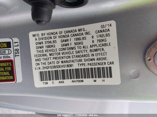 Honda Civic Lx 2014 2HGFG3B50EH518081 Image 9