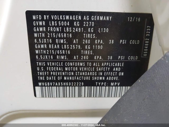 WVGBV7AX5HK022229 Volkswagen Tiguan 2.0t/s