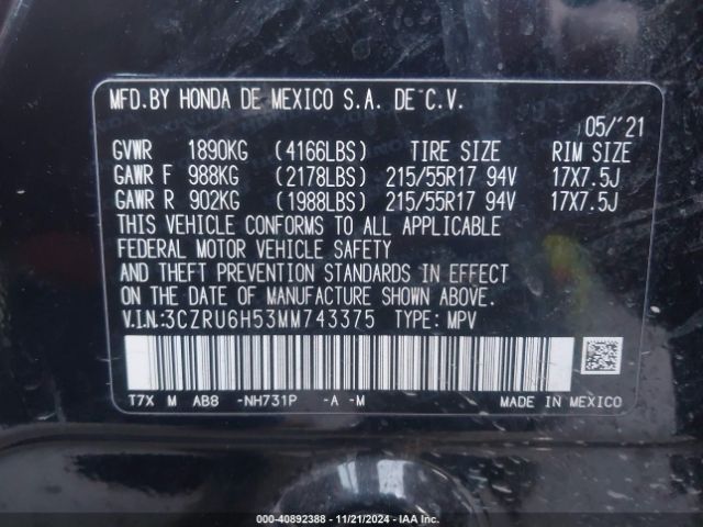 3CZRU6H53MM743375 Honda Hr-v Awd Ex