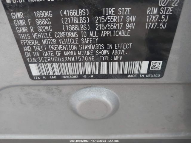 3CZRU6H3XNM757046 Honda Hr-v Awd Lx