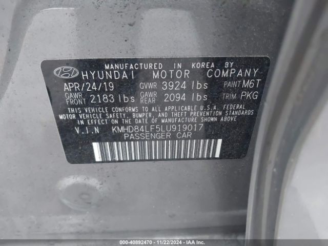 KMHD84LF5LU919017 Hyundai ELANTRA SEL