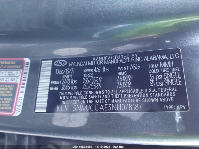 5NMJCCAE3NH078187 Hyundai TUCSON SEL