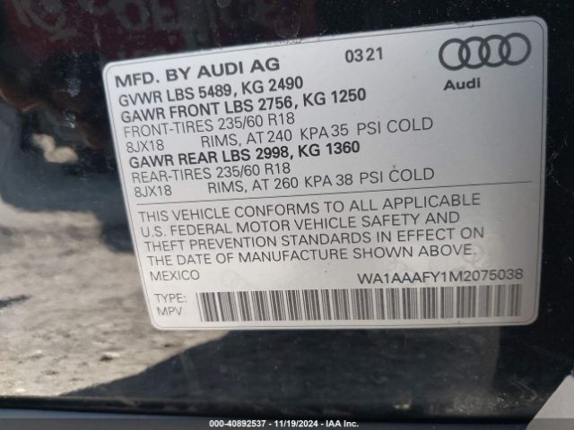 WA1AAAFY1M2075038 Audi Q5 Premium 45 Tfsi Quattro S Tronic