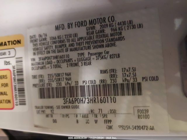 3FA6P0H73HR160110 Ford FUSION SE