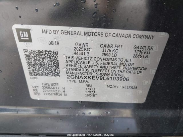 2GNAXKEV9L6103906 Chevrolet Equinox Fwd Lt 1.5l Turbo