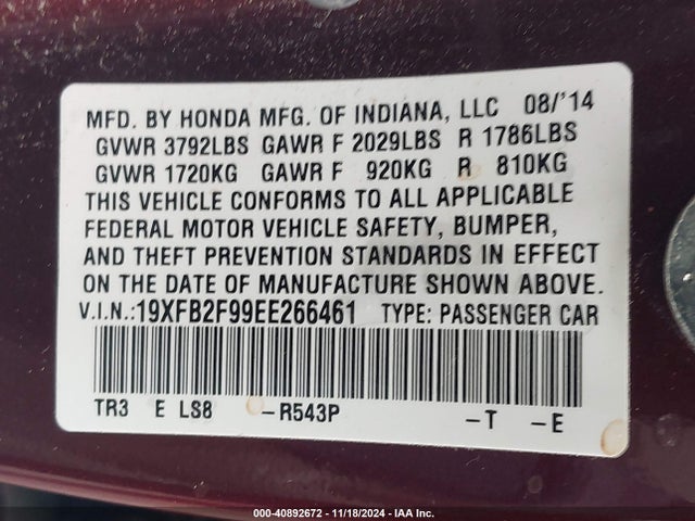 Honda Civic Ex-l 2014 19XFB2F99EE266461 Image 9