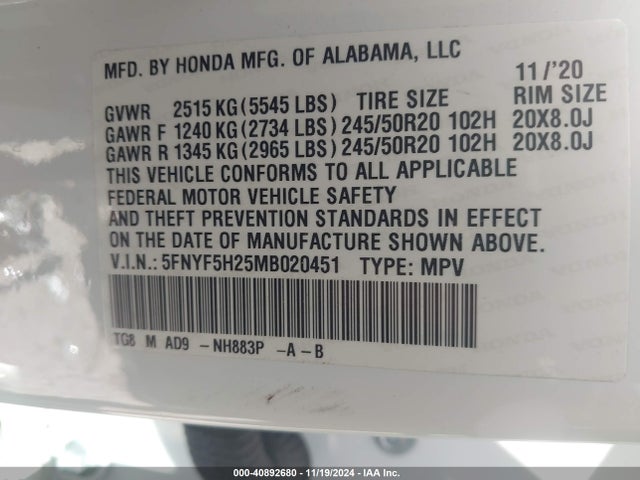 Honda Pilot 2wd Special Edition 2021 5FNYF5H25MB020451 Image 9