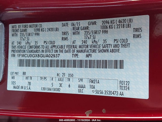 Ford ESCAPE SE 2016 1FMCU0GX8GUA02937 Image 9