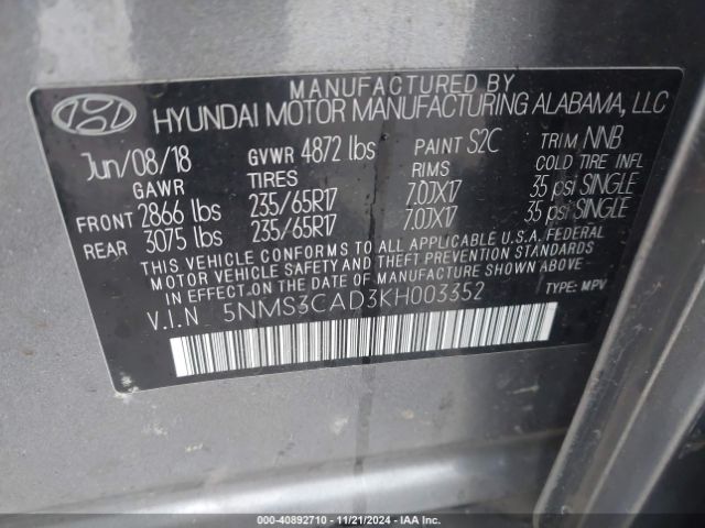 5NMS3CAD3KH003352 Hyundai Santa Fe Sel