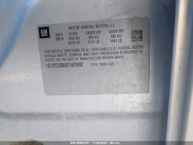 1G1PC5SB5E7467892 Chevrolet Cruze 1lt Auto