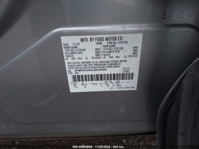 Ford EDGE SE 2020 2FMPK3G93LBA35094 Image 9