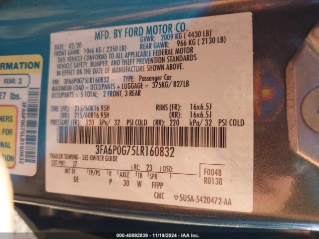 3FA6P0G75LR160832 Ford FUSION S