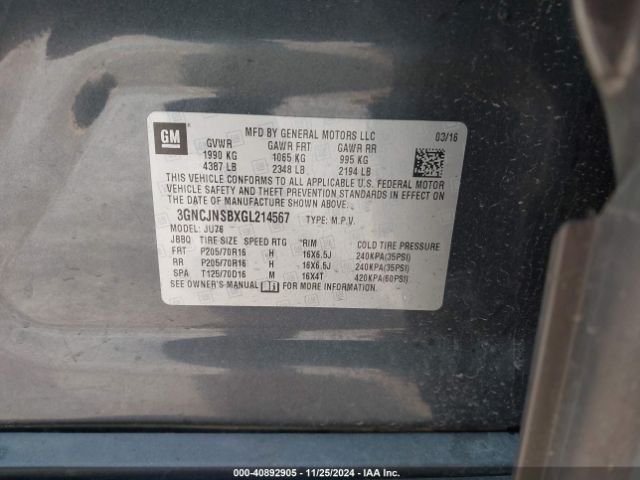 3GNCJNSBXGL214567 Chevrolet Trax 1ls