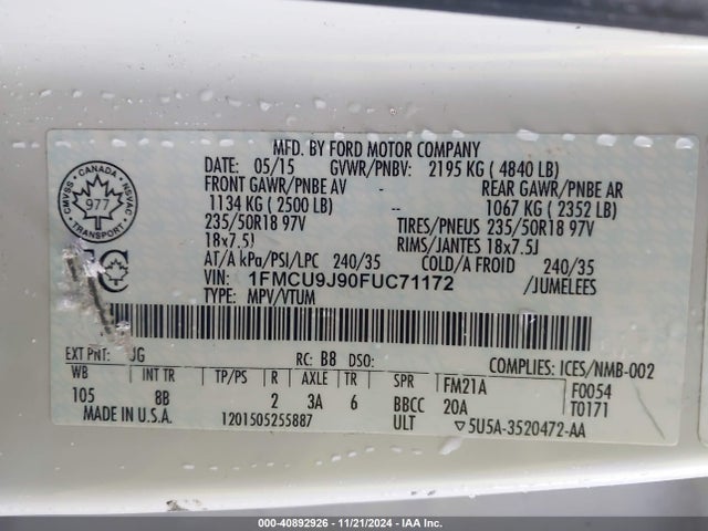 Ford Escape Titanium 2015 1FMCU9J90FUC71172 Image 9