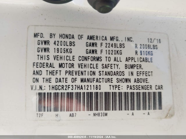 Honda ACCORD LX 2017 1HGCR2F37HA121180 Image 9