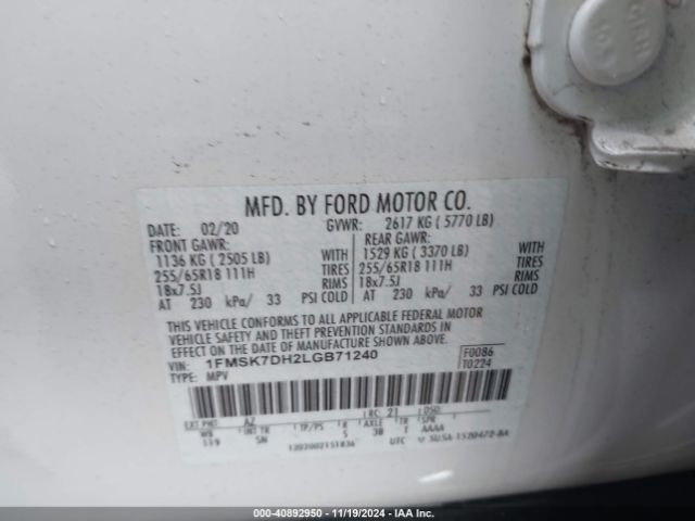 1FMSK7DH2LGB71240 Ford EXPLORER XLT